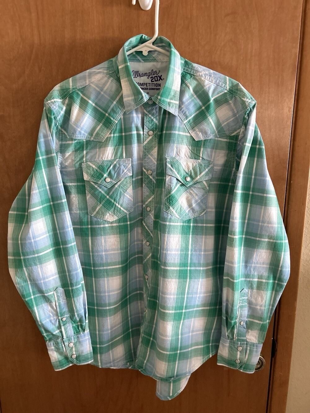 Wrangler 20X Shirt Women's Med Green/Blue Plaid Long Sleeve Western Snap